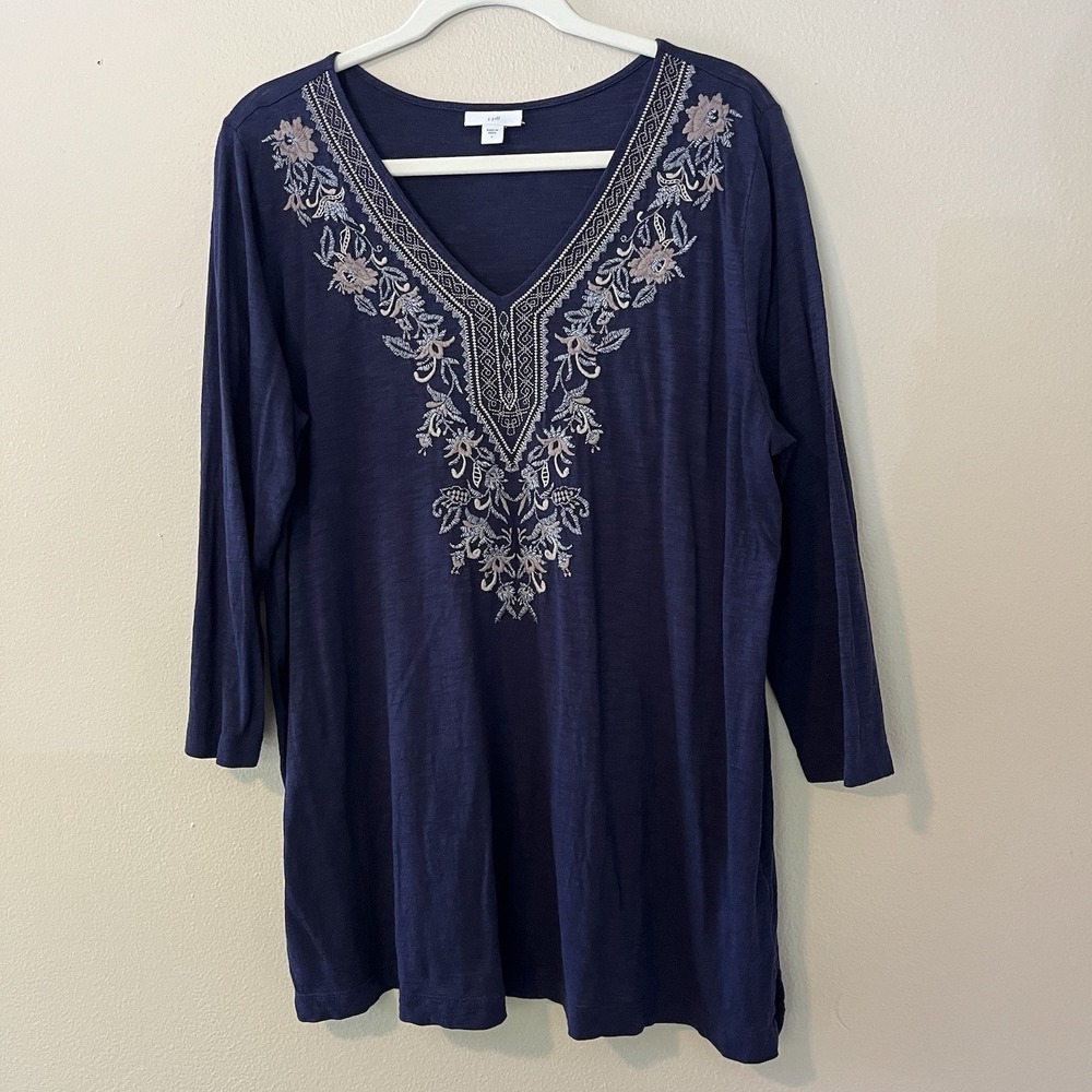 J Jill Navy V Neck Top Blouse L Embroidered Tunic 3/4 Sleeve Boho Coquette Fem